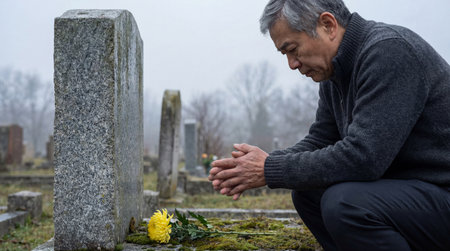 grieving older man kneeling at grave in misty cemetery with yellow flower, expressing sadness, remembrance and quiet contemplation.の素材