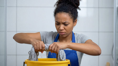 Tired cleaner wringing wet mop over bucket in bathroom, young woman doing household chores with frustrated facial expression.の素材