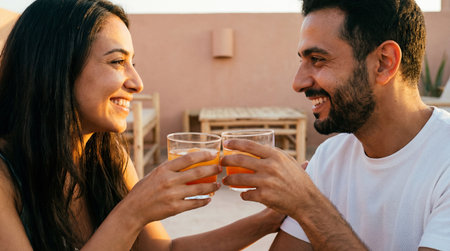 Smiling couple clinking glasses on sunny rooftop terrace enjoying refreshing drinks and warm intimate conversation together.の素材