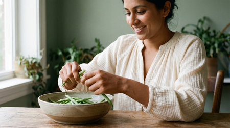 Smiling woman preparing fresh green beans at a wooden kitchen table surrounded by houseplants in natural window light.の素材