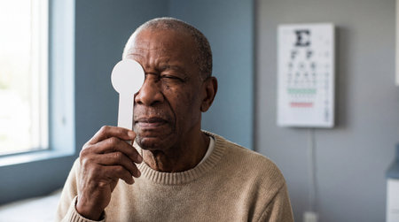 senior man covering one eye during vision test in clinic examination room with eye chart blurred in the background.の素材
