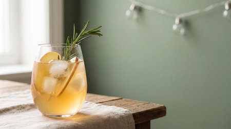 Chilled apple iced tea with rosemary garnish in a clear glass on rustic wooden table near window and soft green wall background.の素材