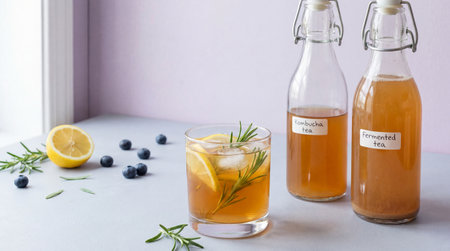 Kombucha tea with lemon and rosemary in glass and bottles on light table near window with blueberries and fresh herbs for healthy refreshment.の素材