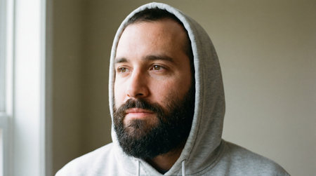 Thoughtful bearded man in gray hoodie gazing out bright window with soft natural light and neutral indoor background.の素材