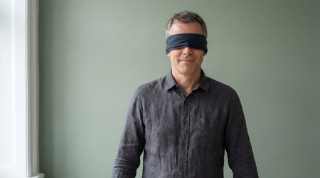 Middle aged man standing indoors with cloth blindfold over eyes against muted green wall, expressing trust, vulnerability and calm focus.の素材