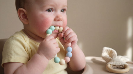 Curious baby chewing pastel silicone teething beads in high chair with soft natural light and soothing neutral background.の素材