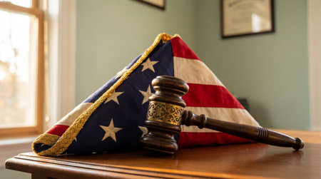 Folded american flag and wooden judge gavel on polished desk symbolizing justice, remembrance, and patriotic legal authority indoors.の素材