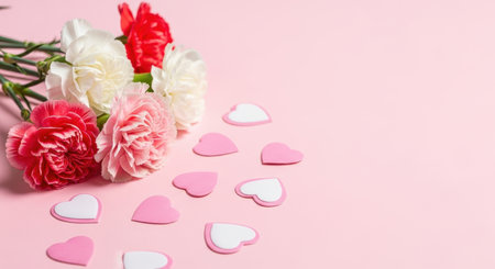 Pink and white carnation bouquet with scattered heart shapes on pastel background symbolizing romance love and celebration.の素材