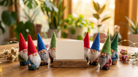 Cheerful garden gnomes gathered around blank card on wooden table in cozy sunlit room with green houseplants and dried flowers.の素材
