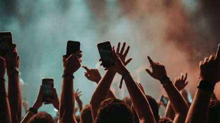 Excited crowd with raised hands and smartphones capturing a live music concert in dramatic stage lighting and colorful atmospheric smoke.の素材