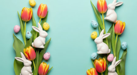 playful white bunny figurines with colorful tulips and speckled eggs on pastel blue background forming festive spring holiday border.の素材