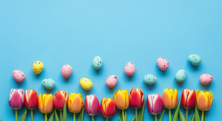 Colorful tulips and pastel speckled eggs arranged in a festive spring border on bright blue background with copy space above.の素材