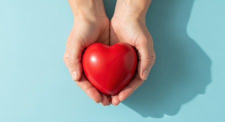 Caring hands gently holding a red heart symbol on pastel blue background representing love compassion support and health awareness.の素材