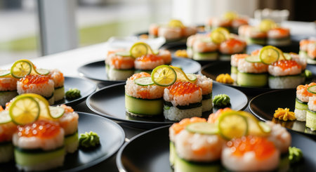 gourmet sushi appetizers with salmon roe and cucumber rounds elegantly plated on black dishes in bright natural restaurant light.の素材