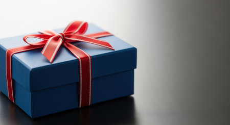 Blue gift box with red ribbon on dark background, minimal festive present packaging for celebration, surprise, holiday or special occasion.の素材