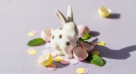 White ceramic bunny with star cutouts surrounded by pastel egg shells confetti and mint leaves on soft lavender background.の素材