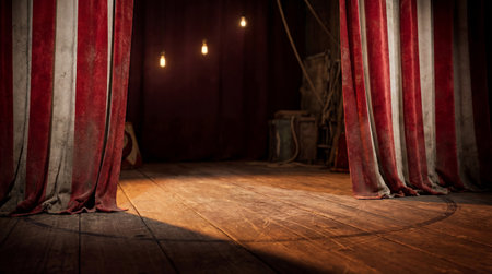 Empty vintage circus stage with red velvet curtains and hanging lights in warm dramatic spotlight atmosphere.の素材