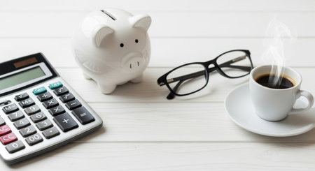 White piggy bank, calculator, glasses, and steaming coffee cup on bright desk symbolizing savings, budgeting, and financial planning.の素材