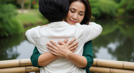 Two women sharing an emotional embrace outdoors on a wooden bridge surrounded by lush green trees and tranquil water.の素材