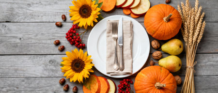 Autumn harvest arrangement with pumpkins, sunflowers, pears, berries, nuts, wheat and rustic table setting on wooden background.の素材