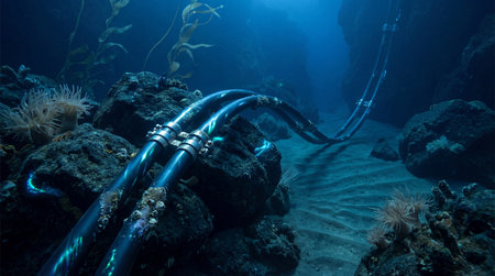 Deep underwater communication cables stretching along a rocky ocean floor surrounded by marine life, seaweed, and soft corals.の素材