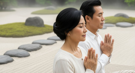 Calm asian couple practicing mindfulness meditation together in a tranquil japanese zen garden with smooth stones and greenery.の素材