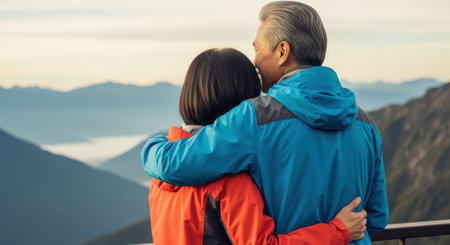 Senior couple embracing on mountain viewpoint terrace at sunrise, enjoying scenic landscape with distant peaks and peaceful atmosphere.の素材