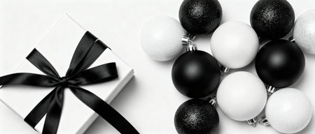 Minimalist holiday gift box with black ribbon beside monochrome christmas ornaments arranged on a white festive background.の素材