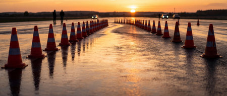 orange traffic cones forming a winding lane on a wet road at sunset with cars and pedestrians in the background.の素材