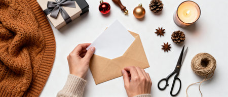 Hands placing card in kraft envelope amid holiday decorations, cozy sweater, wrapped gift, candle, twine, festive pinecones, ornaments.の素材