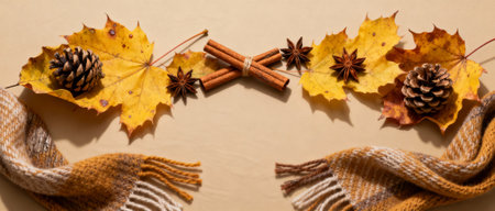 Autumn composition with yellow maple leaves, pinecones, cinnamon sticks, anise stars, and cozy woolen scarf on beige background.の素材