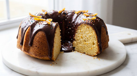 Moist bundt cake with rich chocolate glaze and colorful sprinkles on marble board near bright window in cozy home kitchen setting.の素材
