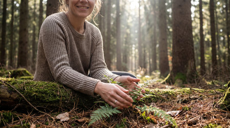 Smiling woman exploring peaceful forest floor, kneeling by mossy log and gently touching green fern in serene woodland nature scene.の素材