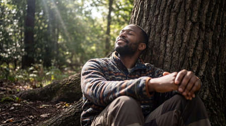 man relaxing outdoors against a large tree, enjoying nature and sunlight in a peaceful forest during daytime leisure escape.の素材
