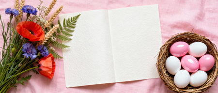 Blank notebook with spring wildflowers and a nest of pastel easter eggs on pink fabric background, festive and natural decor.の素材
