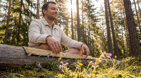Man meditating peacefully on a log in a sunlit forest surrounded by wildflowers and tall trees during a calm morning.の素材