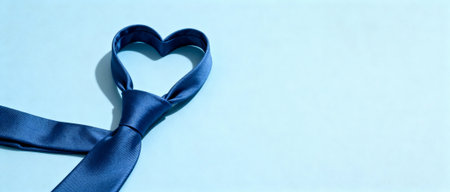 Blue necktie shaped as a heart symbol on pastel background representing love, celebration, elegant fashion and gift concept.の素材