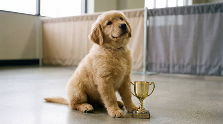 Golden retriever puppy sitting indoors beside shiny trophy cup with proud expression and soft natural light through large windows.の素材
