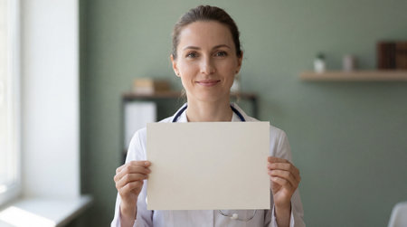 Smiling female doctor holding blank white paper sign in medical office for health message, announcement or communication concept.の素材