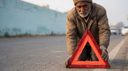 Elderly man placing reflective warning triangle on roadside during vehicle breakdown emergency in early morning light.の素材