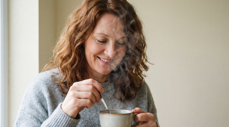 smiling middle aged woman enjoying a warm drink by a bright window in a cozy home interior on a relaxed quiet morning.の素材