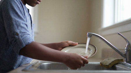Child washing dish at kitchen sink under running water, learning responsibility and helping with household cleaning chores indoors.の素材