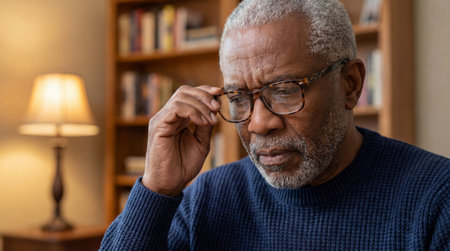 thoughtful senior man adjusting eyeglasses while reading at home in warm ambient light, concentrating with a serious focused expression.の素材