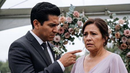 Upset groom scolding worried older woman at formal outdoor ceremony with floral arch and emotional family tension.の素材