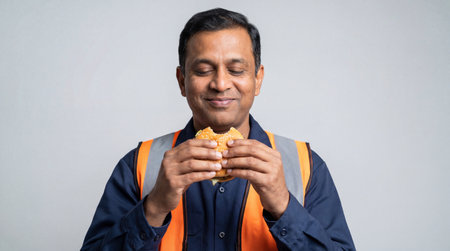 Middle aged construction worker in safety vest enjoying tasty burger during lunch break against neutral grey background.の素材