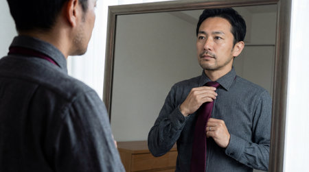 Middle aged asian businessman adjusting tie in front of mirror before work in modern home interior with calm focused expression.の素材