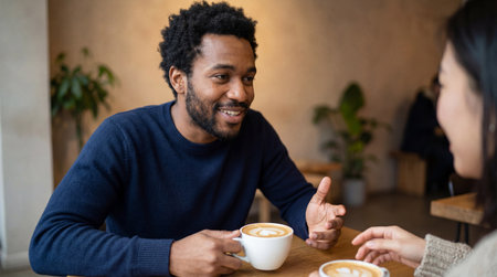 Smiling man enjoying casual conversation over coffee with friend in cozy cafe, sharing stories and connecting in relaxed atmosphere.の素材