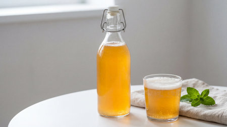 Homemade kombucha in glass bottle and cup on white table with bubbles and mint leaves in bright natural kitchen light.の素材