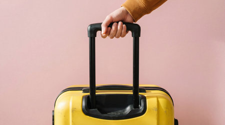 Hand holding yellow suitcase handle against pastel pink wall, close up travel concept with minimalist modern lifestyle detail.の素材