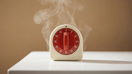 Red kitchen timer on white countertop releasing steam in warm domestic interior with soft natural light and minimalist composition.の素材